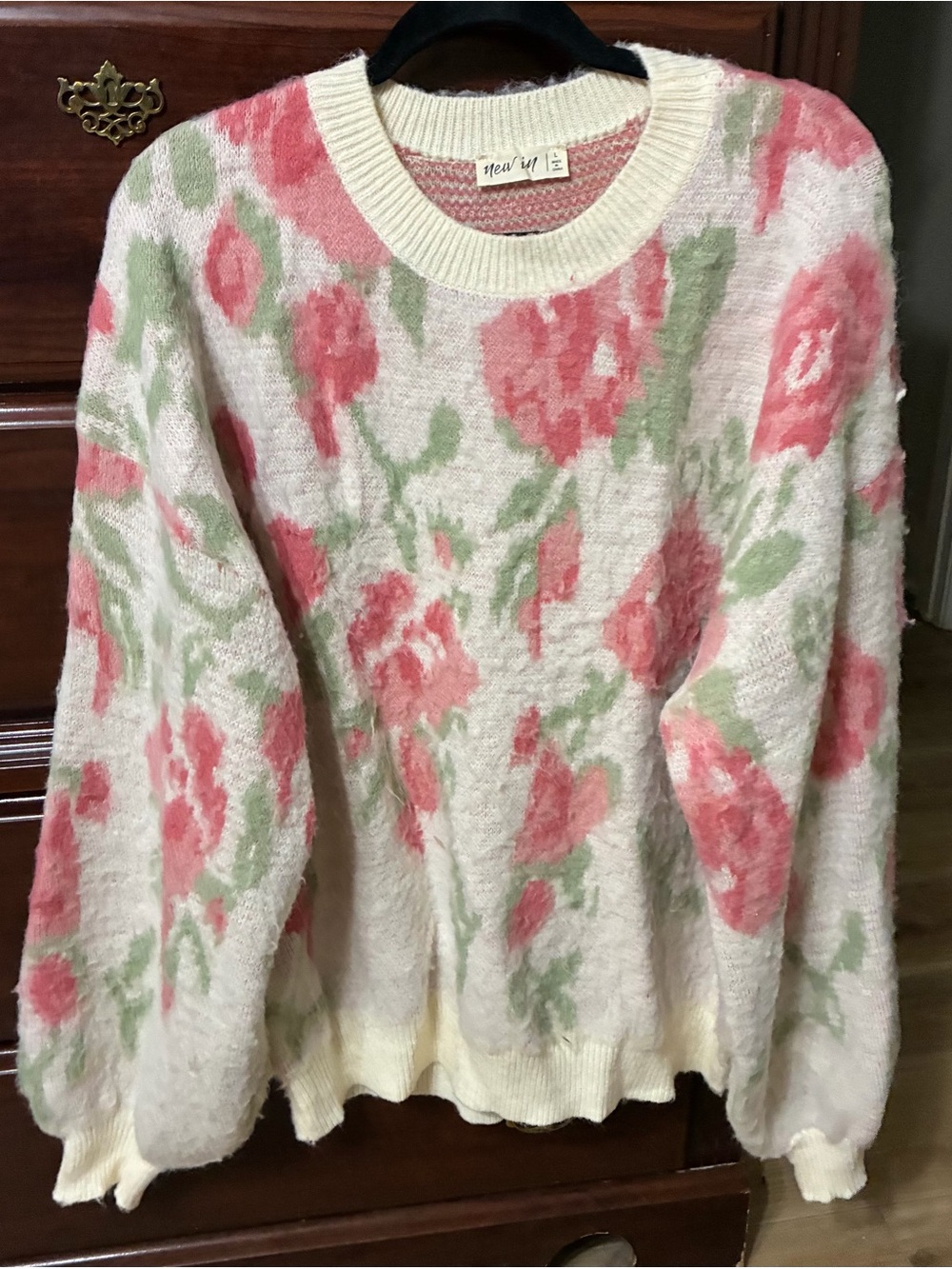 Cozy Floral Crewneck Sweater in Cream with Pink & Green - Hazel Girl